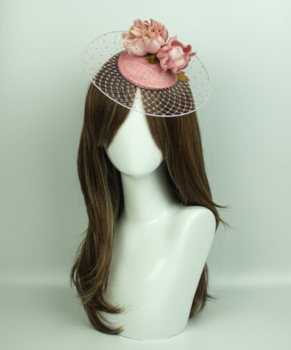 Pink disk fascinator front view